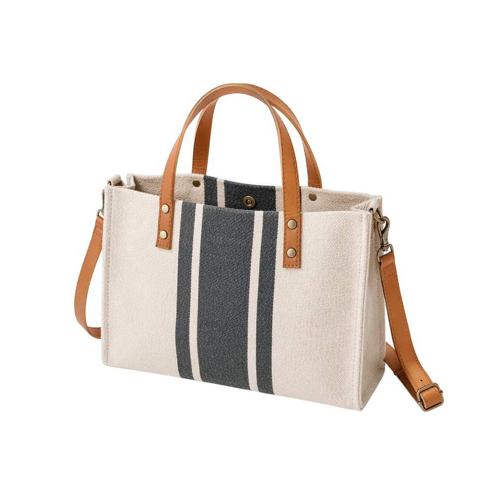Striped Canvas Mini Tote Bag Cream Navy Blue Crossbody Satchel Cognac Handles